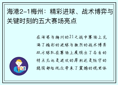 海港2-1梅州：精彩进球、战术博弈与关键时刻的五大赛场亮点